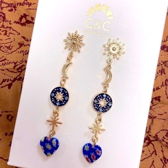 Brand New C&C California Gold Tone Blue Flower Heart Moon Star Drop Earrings - Picture 14 of 14
